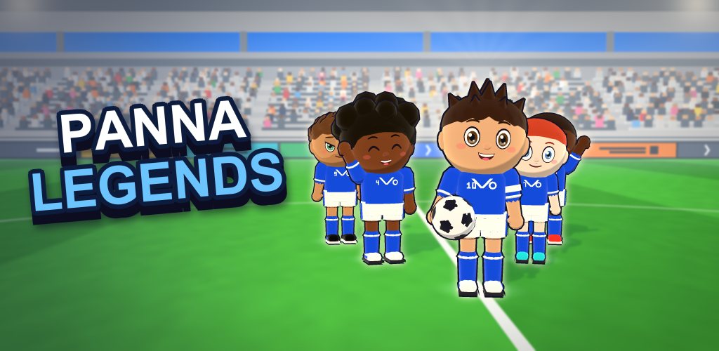Panna Legends title art: cartoon footballers in royal blue and white kits on a stadium pitch, the captain holding the ball.