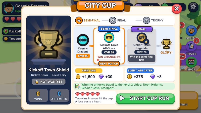The City Cup screen for the Kickoff Town Shield: a semi-final and a final against two Kickoff Town clubs, the rewards for winning, five hearts and a Start Cup Run button.
