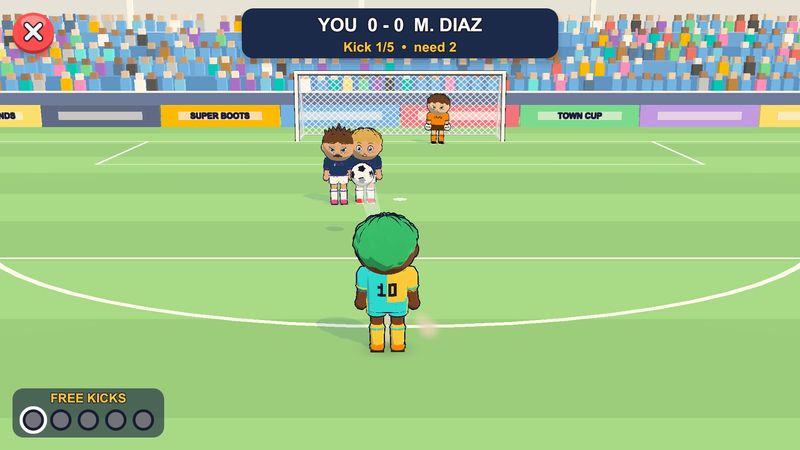 A free-kick duel: your captain, number 10, stands over the ball facing a two-player wall and a goalkeeper; the score bar reads You 0–0 M. Diaz, kick 1 of 5, need 2.