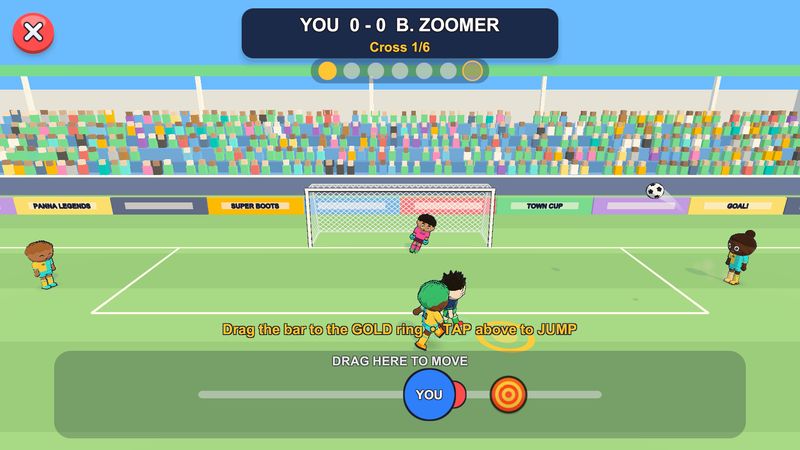 Header Duel: the ball flies in from the wing towards the box in front of a goal and a full stand; the hint says drag the bar to the gold ring and tap above to jump.