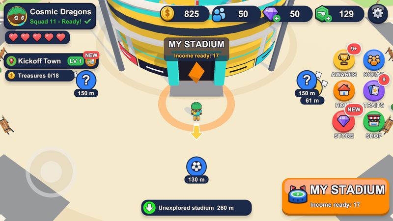 Your captain in town in front of a round stadium marked My Stadium, with counters for money, fans, gems and tokens at the top and markers pointing to unexplored places.