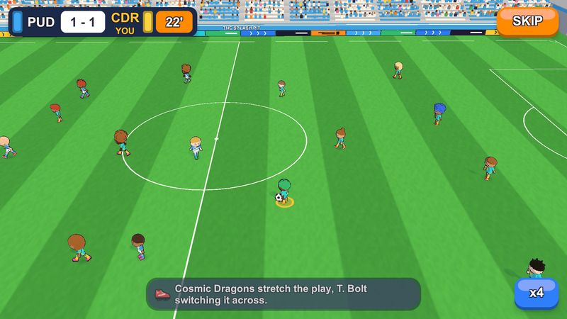 An arcade match on a striped pitch seen from above, PUD 1–1 CDR after 22 minutes, with a commentary line, a Skip button and a x4 speed button.