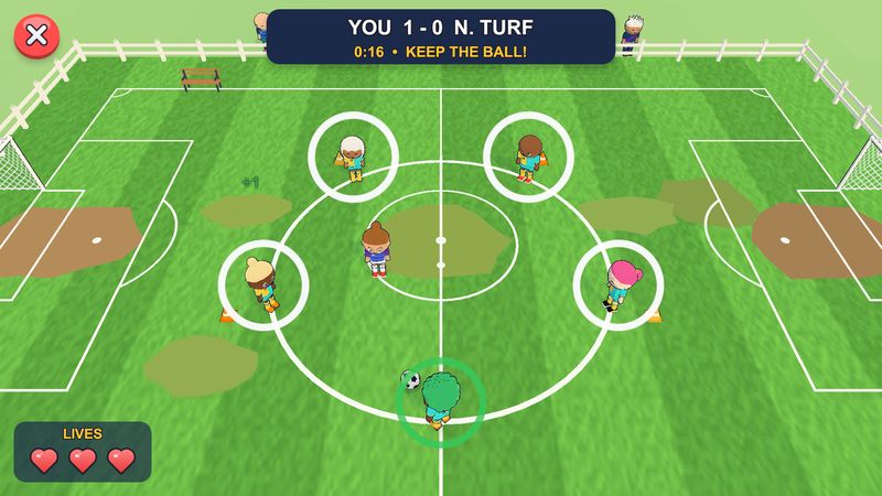Rondo Rush seen from above: your player has the ball in the centre circle while four rivals stand in rings around him; the bar reads You 1–0 N. Turf, 0:16, Keep the ball, and three hearts show the lives left.
