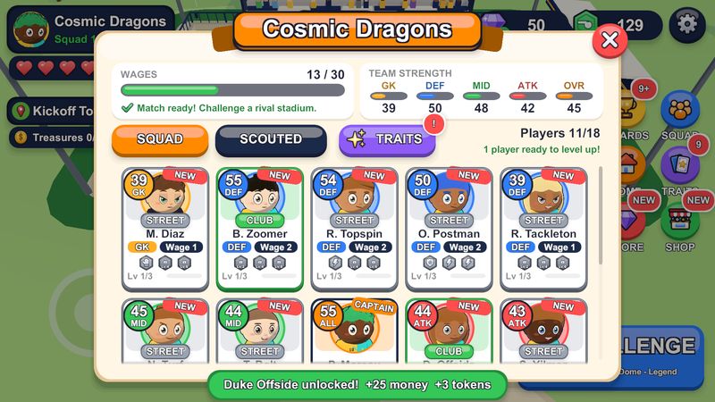 The squad screen for the club Cosmic Dragons: wages 13 of 30, team strength by position, and player cards showing ratings, positions and rarities such as Street and Club.