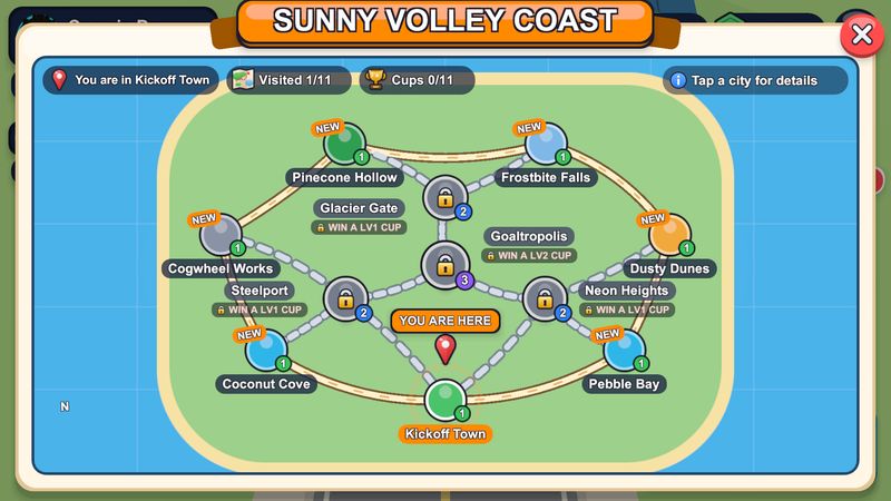 Map of the Sunny Volley Coast linking cities such as Kickoff Town, Pinecone Hollow, Frostbite Falls, Dusty Dunes, Cogwheel Works and Goaltropolis; some are locked until you win a cup.
